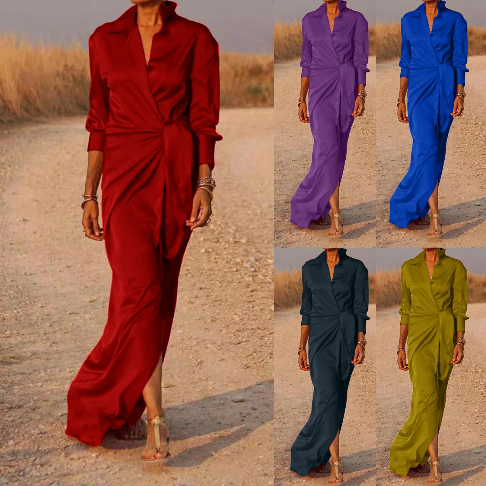 

Женское платье-макси на завязках, платье с высокой талией, разрезом, длинным рукавом и воротником с лацканами, сексуальные летние платья до ...