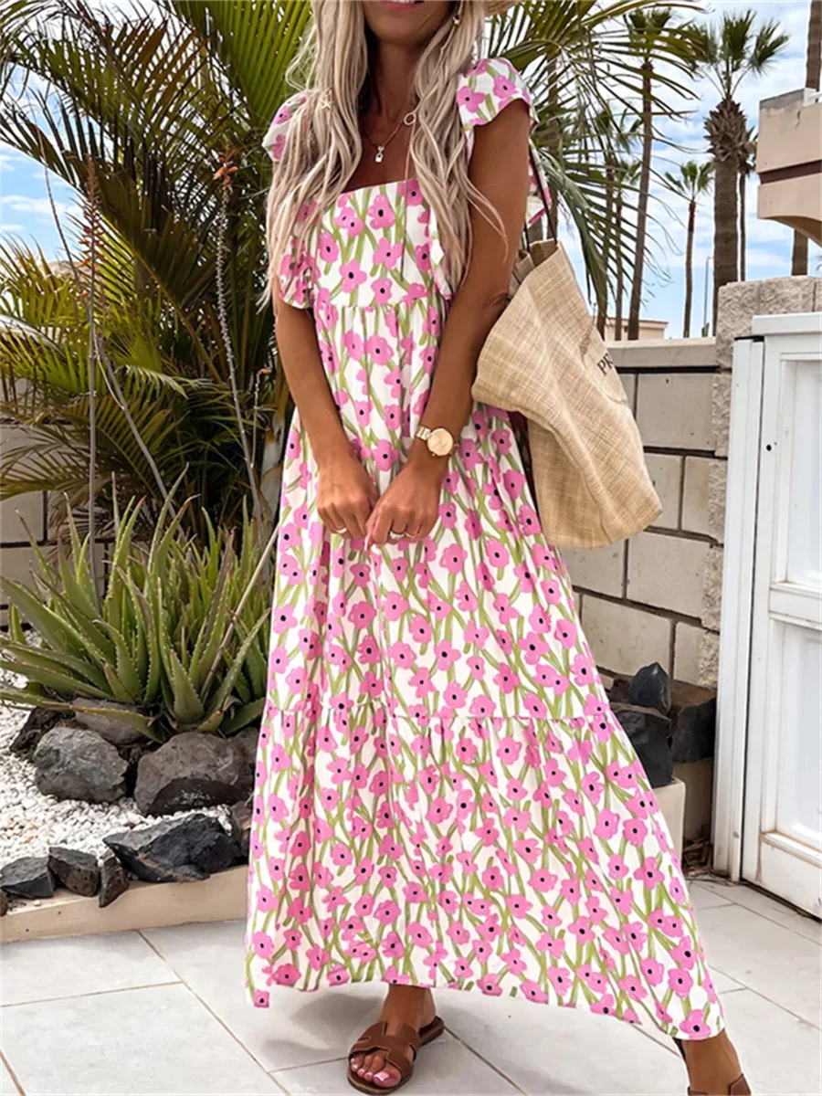 

wsevypo Floral Print Long Beach Dress Casual Summer Women Ruffle Sleeve Square Collar A-line Dress Boho Vacation Party Dresses