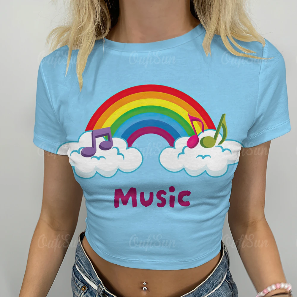 

Женские укороченные топы с радужным 3d рисунком, милые детские футболки с мультяшным рисунком, летняя футболка в стиле Харадзюку, уличная одежда Y2k, повседневные футболки с коротким рукавом