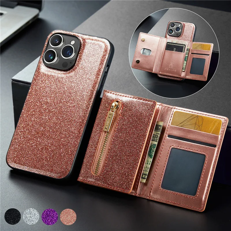 

Glitter Leather Zip Wallet Detachable Card Pocket Magnetic Case for iPhone 14 Plus 13 Pro Max 12 11 Bling Coin Phone Cover Coque