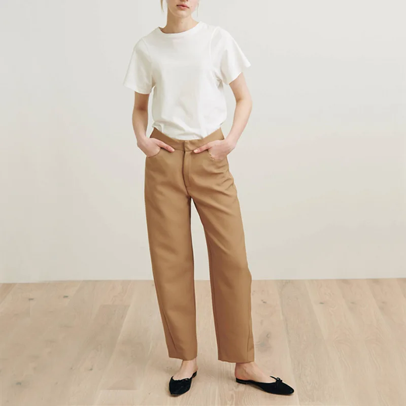 

EOS Brand TT 2023 Spring New Khaki Silhouette High Waist Curved Architectural Design Casual Relaxed Twill Trousers