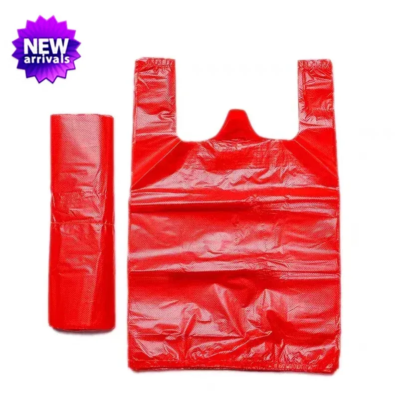 

100 Шт. Красных Пластиковых Пакетов Для Продуктов, Утолщенные Пакеты-майки С Ручками Для Супермаркета, Подарочные Пакеты
