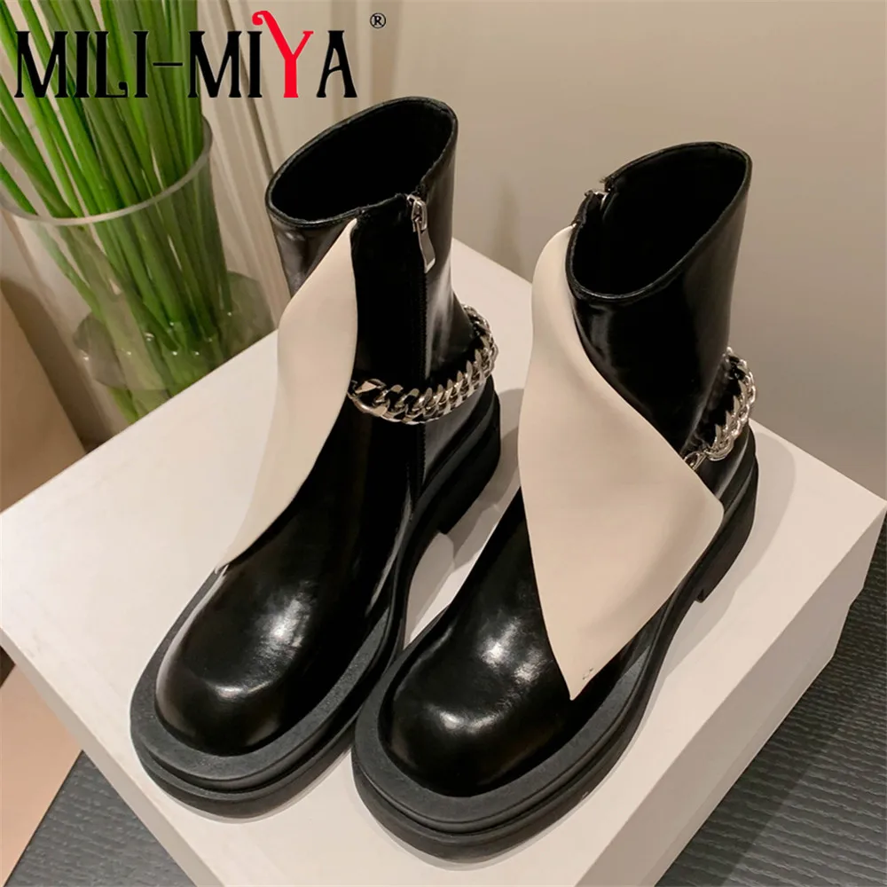 

MILI-MIYA Fashion Splicing Mixed Color Women Cow Leather Ankle Boots Round Toe Thick Heels Zippers Big Size 34-40 Handmade