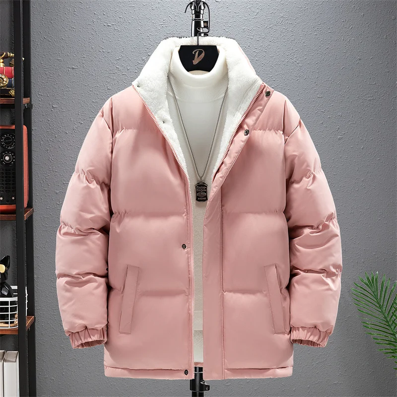 

Warm Inner Fleece Pink Winter Bubble Men's and Women's Couple Coat with Various Color Styles Casual Puffer Jacket