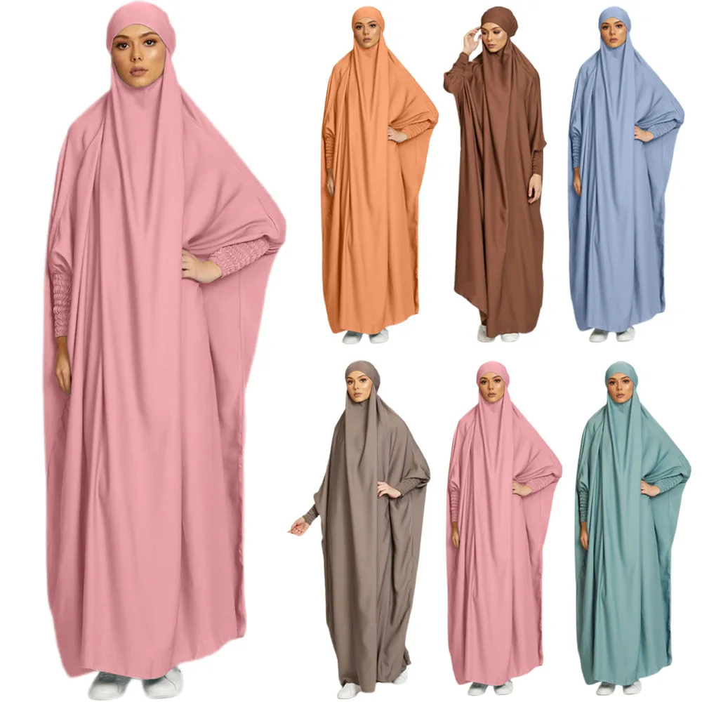 Мусульманское цельнокроеное Молитвенное платье цзилбаб с капюшоном Abaya с дымчатым рукавом Исламская одежда, Дубай, черное турецкое платье ...