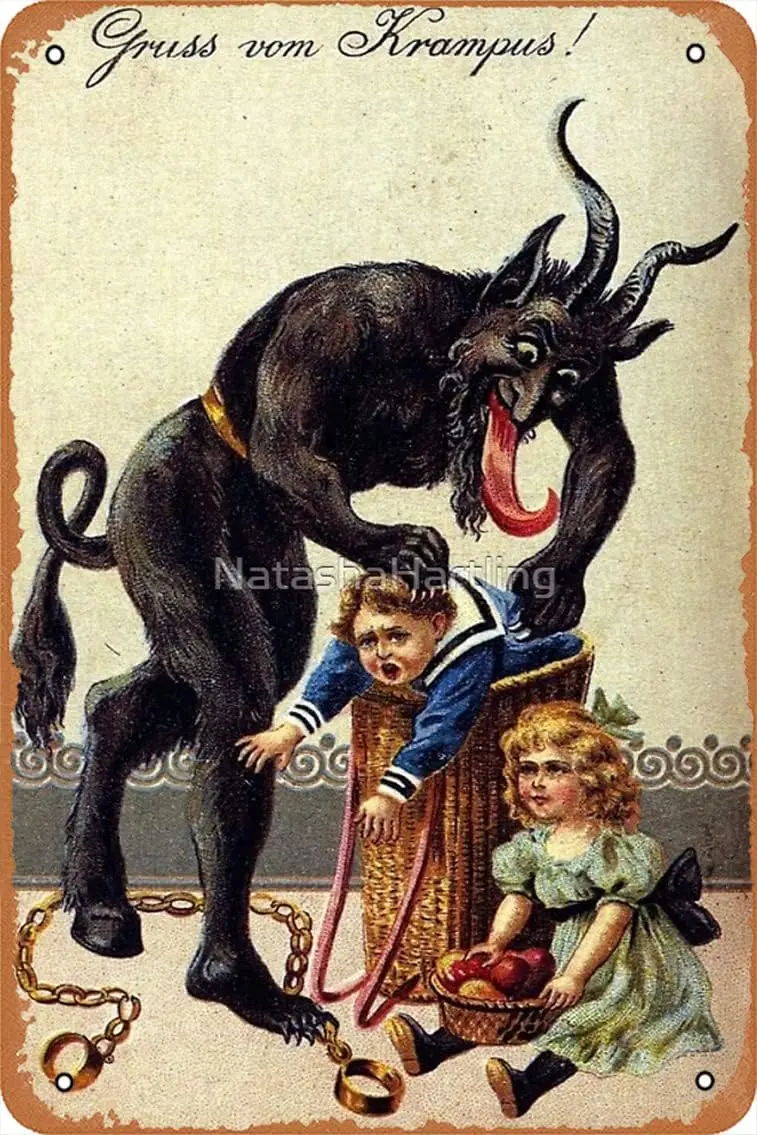 Krampus поздравление Холст Печатный металл жестяной знак винтаж 20 32x30 48 см