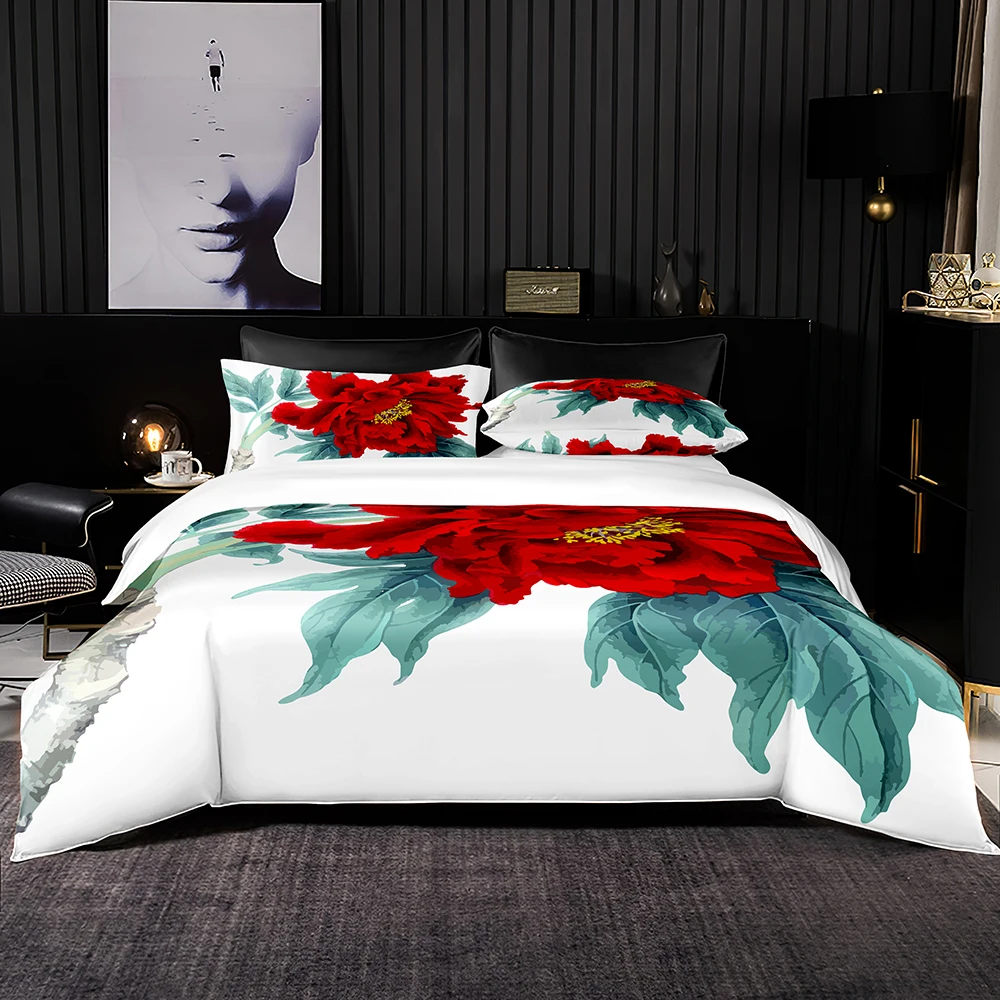 

Huge Showy Petal Bedding Set Floating Green Leaf Duvet Cover Set King Queen Double Bedclothes 2-3pcs Romantic Soft Home Textiles