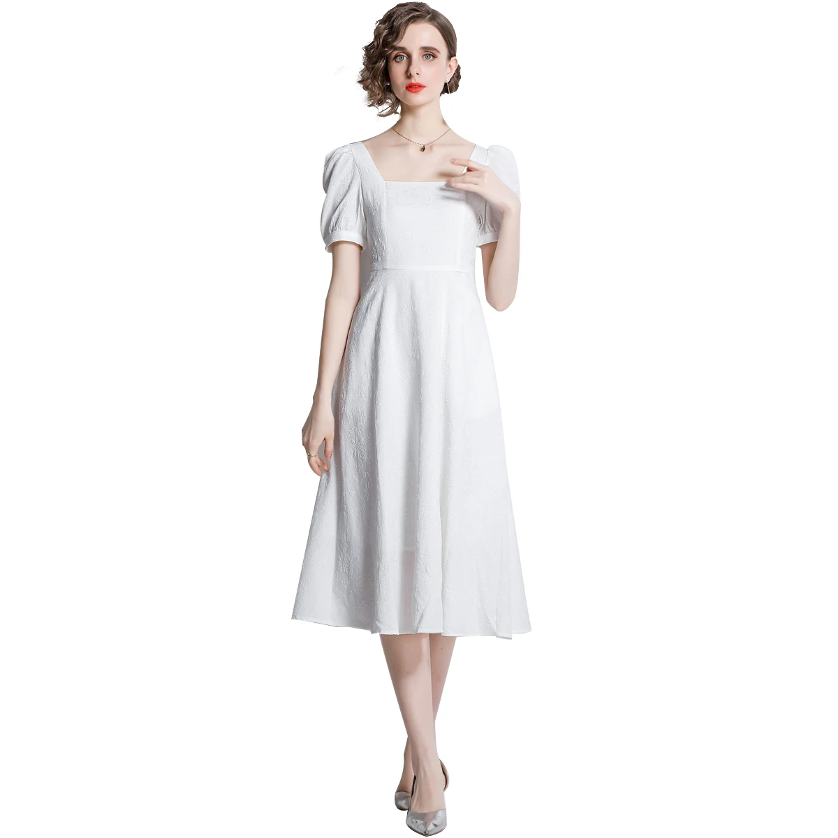 

Simgent Women Dress White Jacquard Square Collar Puff Short Sleeve A Line Elegant Slim Midi Dresses 2022 Summer Vestidos SG25122