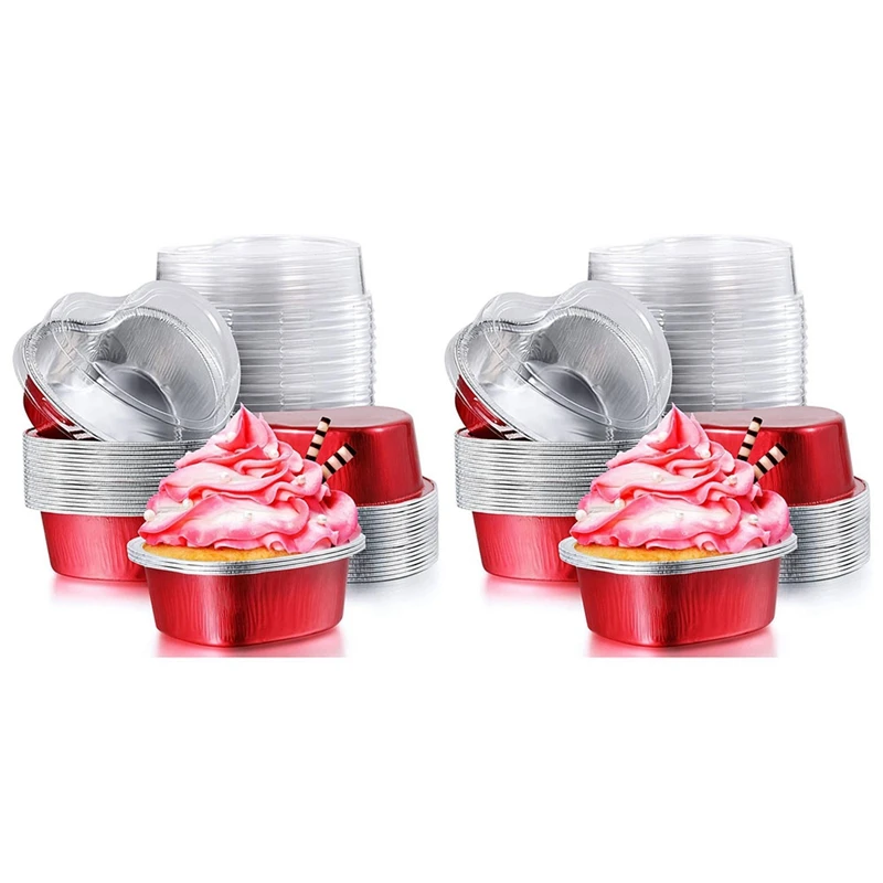 

100X Valentine Aluminum Foil Cake Pan Heart Shaped Cupcake Cup With Lids,Mini Cupcake Cup Flan Baking Cups With Lid Red