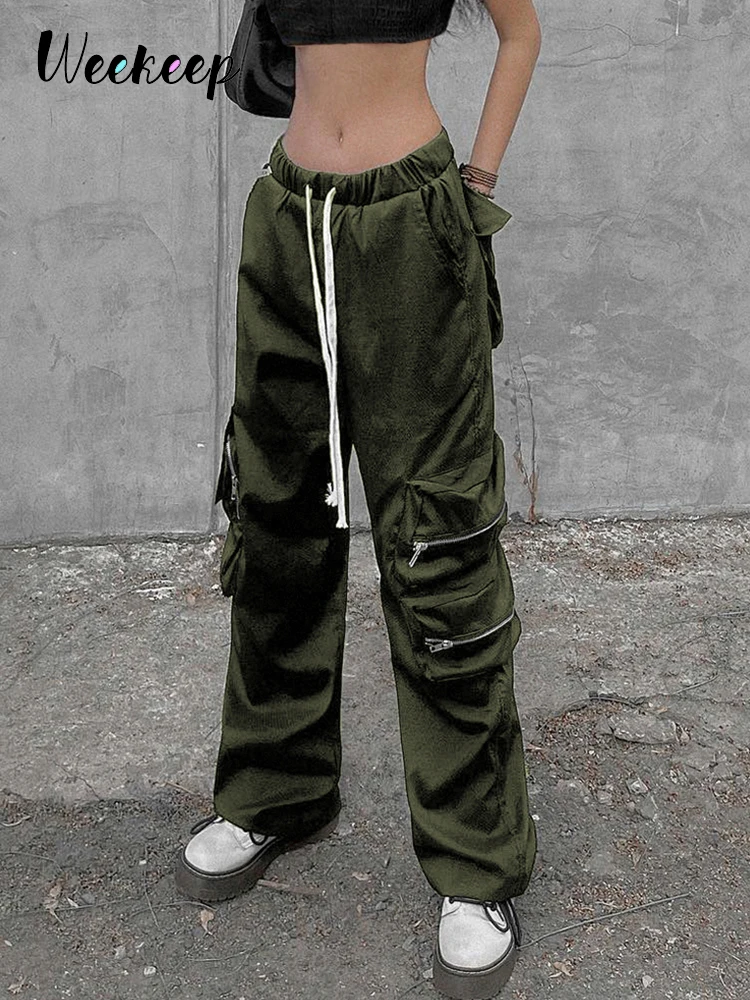 

Weekeep Zipper Pocket Cargo Pants Women Jogging Casual Sweatpants Drawstring Low Rise Fashion Streetwear Harem Pants y2k Vintage