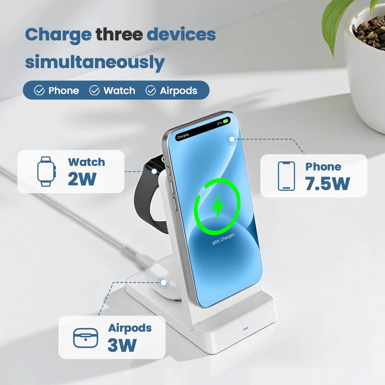 Фото Магнитная беспроводная зарядная станция 3-в-1 для iPhone 17 16 15 14 13 12, iWatch, AirPods Pro 4 3 2, складная, быстрая зарядка №4