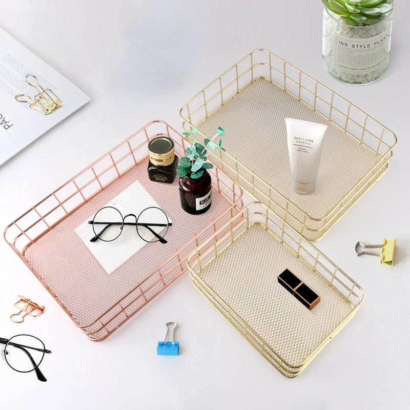 

Full Metal Sundry Storage Baskets Cosmetics Stationery Snack Organizer Household Tea Table Desk Decoration Office Supplies