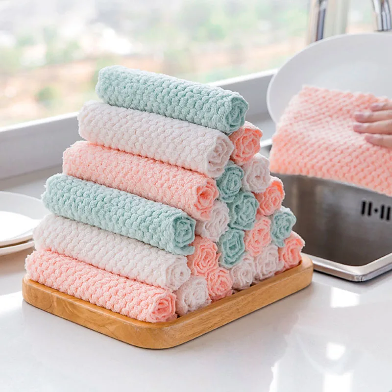 Pineapple Grid Coral Fleece Cloth Household Kitchen Cleaning Cloth Non-stick Oil Fast Drying