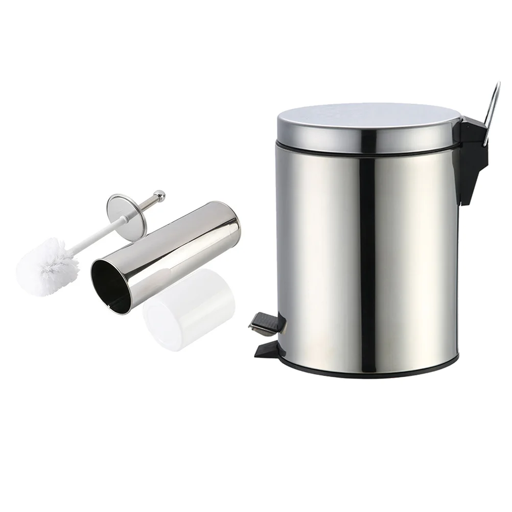 

1 Set of Household Toilet Tools Stainless Steel 5L Trash Can Foot Pedal Trash Bin Toilet Brush Basket