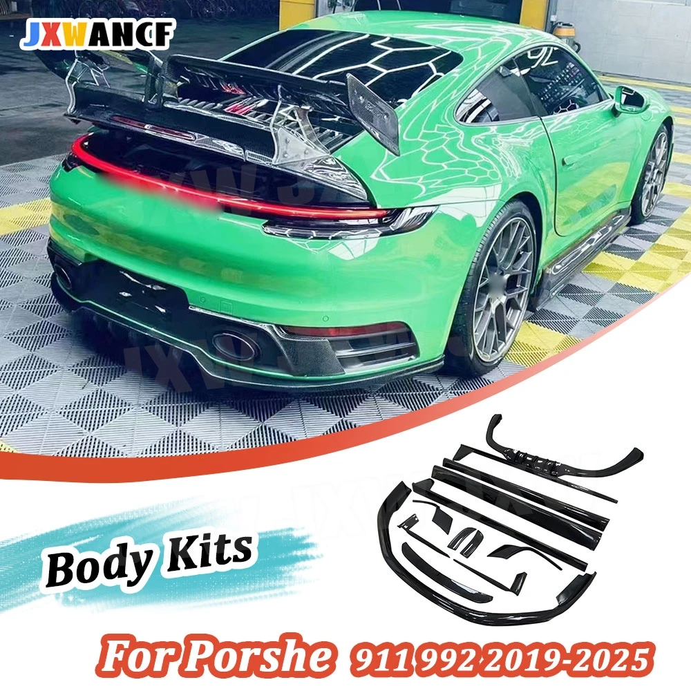 Фото Комплект обвеса JXWANCF из карбона и стеклопластика (FRP) для Porsche 911 992 Sports 2019-2025: передний и задний сплиттеры, диффузор, спойлер, накладки на крылья и боковые пороги №1