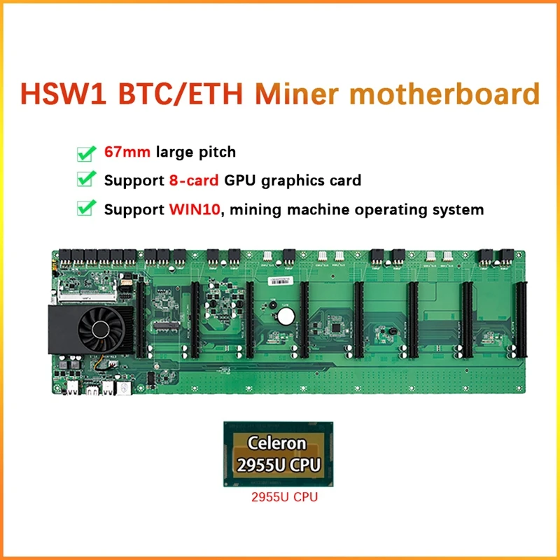 

Материнская плата HSW1 8 Card ETH/BTC для майнинга + 2955U CPU + вентилятор ЦП 67 мм HM77 8PCIE X16 слот Встроенный процессор DDR3 SODIMM RAM MSATA