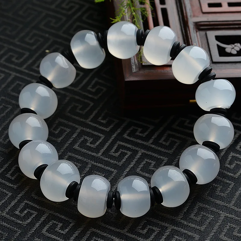 

Natural Agate Ice White Jade Pulp Drum Bead Bracelet Simple Versatile Fashion Bracelet Jewelry for Men and Women