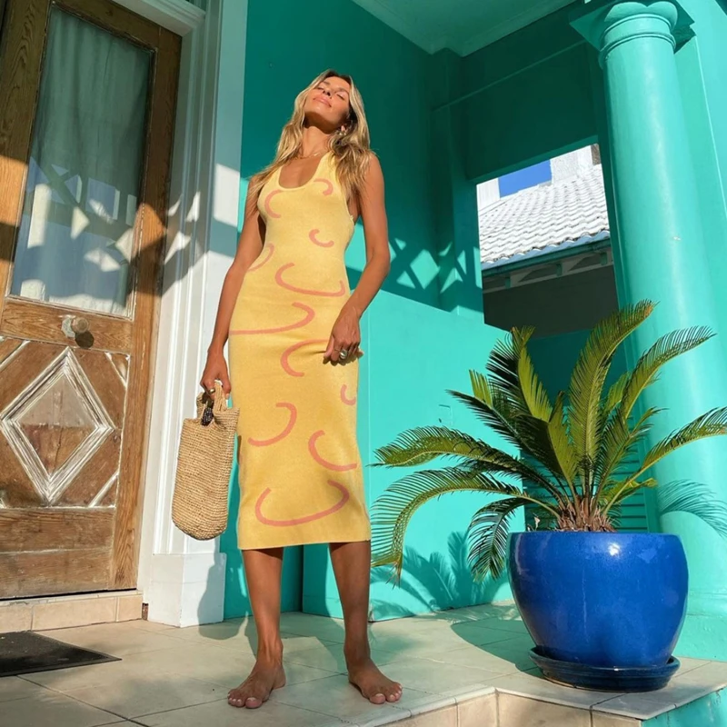 

Накидка для купальников, женское парео, Пляжное Платье, новинка 2022, трикотажное сексуальное облегающее платье с открытой спиной и геометрич...