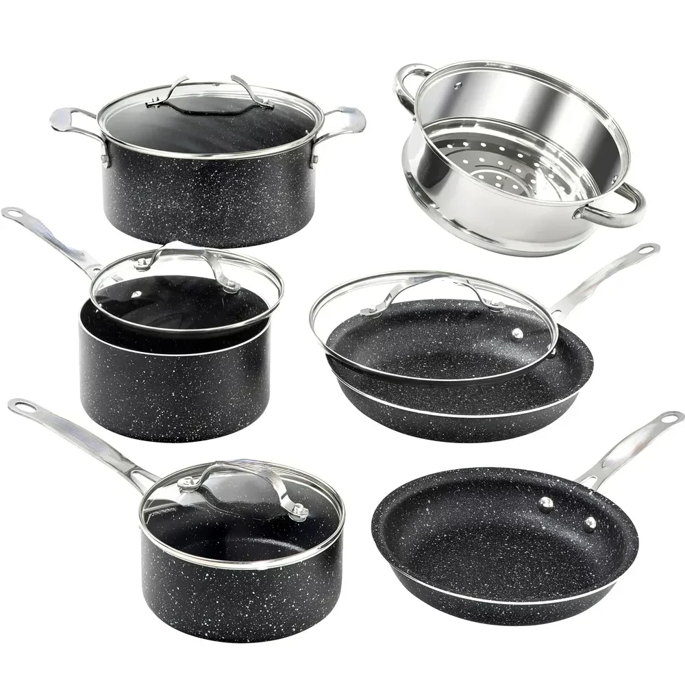 

and Pans Set, 10 Piece Nonstick Cookware Set, Includes Steamer, Scratch Resistant, Granite Coated, Dishwasher and Oven-Safe, PFO