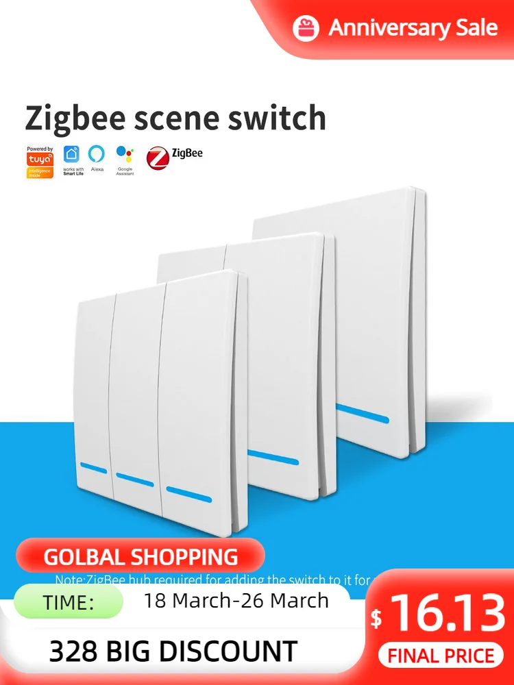 

Tuya ZigBee Wireless Scene Switch Controller a pulsante interruttore di automazione alimentato a batteria per automazione domest