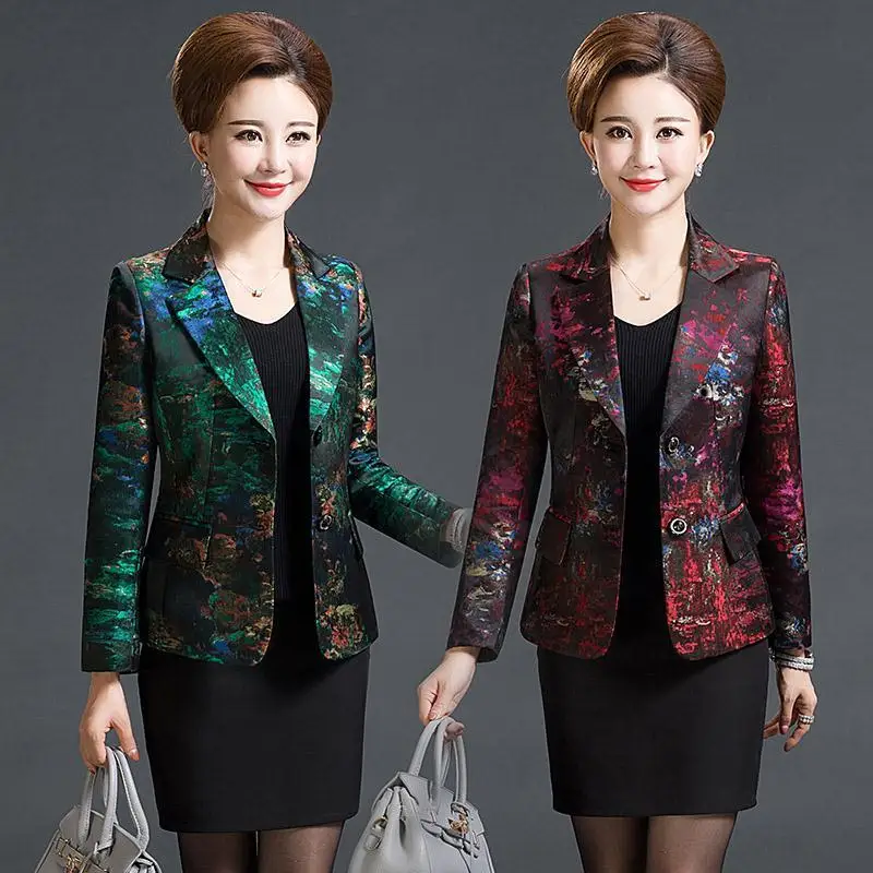 

2022 Spring Autumn Middle Aged and Old Women Elegant Printed Long Sleeve Blazers Female Notched Collar Single Breasted Coat C126