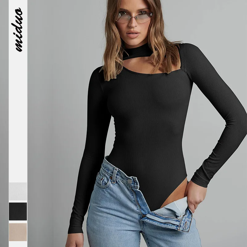 Women's Bodysuit Cut Out Front Sexy Stretchy Tops Casual Basic Daily Tshirts Long Sleeve Jumpsuit Slimming Thong Romper Bodysuit