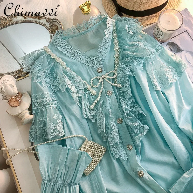 

French Style Refined Handmade Lace Ruffled Flare Sleeve Blouse Women 2022 Spring Fashion Design Long Sleeve Elegant Shirt Top