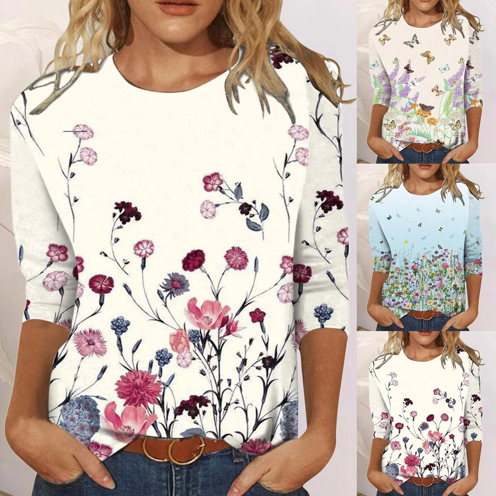 

Vintage Womens Flower Printed T Shirts Long Sleeves O-Neck Aesthetic Graphic Tee Tops 90s Girls Lady Casual Streetwear A40