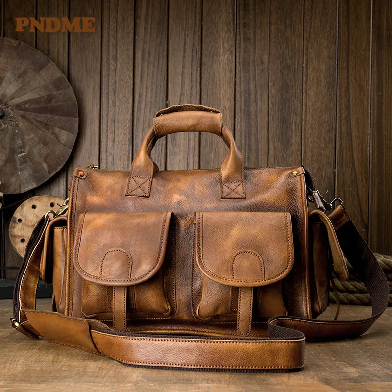 Vintage natural luxury cowhide men's briefcase laptop handbag casual genuine leather multi-pocket large capacity messenger bag