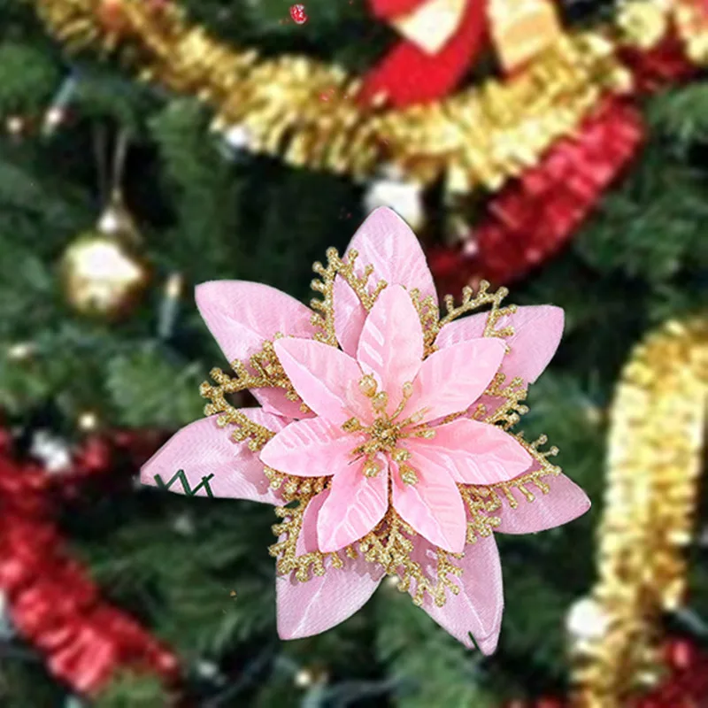 

14CM Glitter Artificial Flower Heads Xmas Decorations 2023 DIY Merry Christmas Tree Fake Flower New Year Decor Home Ornament