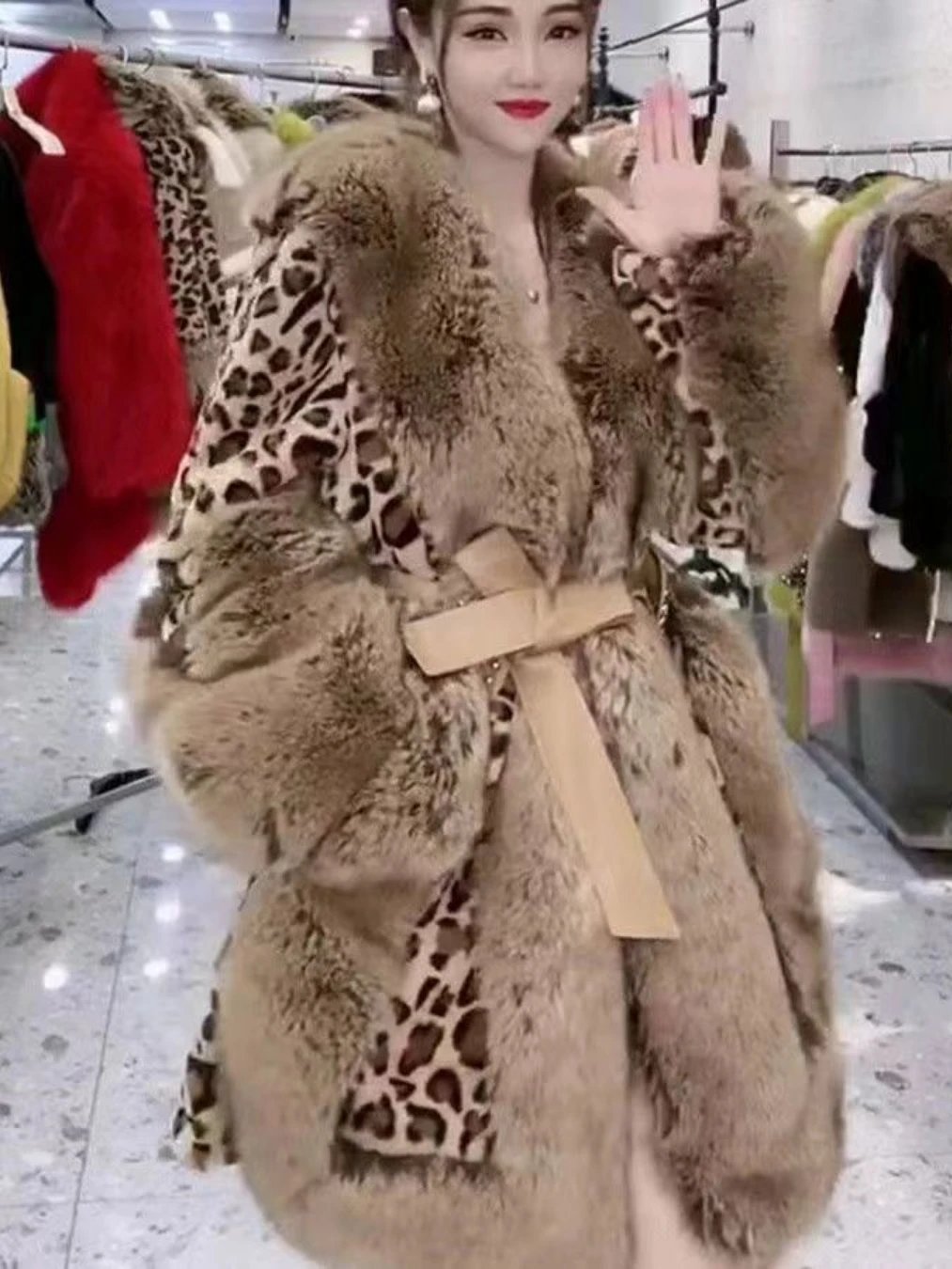 2022 New Fall Winter Coat Women's Mid-Length Fur Collar Thickened Warm Leopard Fur Jacket Korean Lace-up Fur Overcoat Femininas