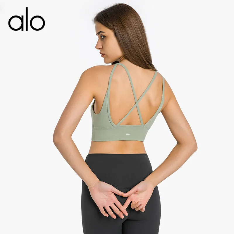 

Alo Yoga Women Deep V Sexy Sports Bra Crop Top Straps Fitness Nudes Plus Size High Support Tank Sportswear Workout Gym Clothing