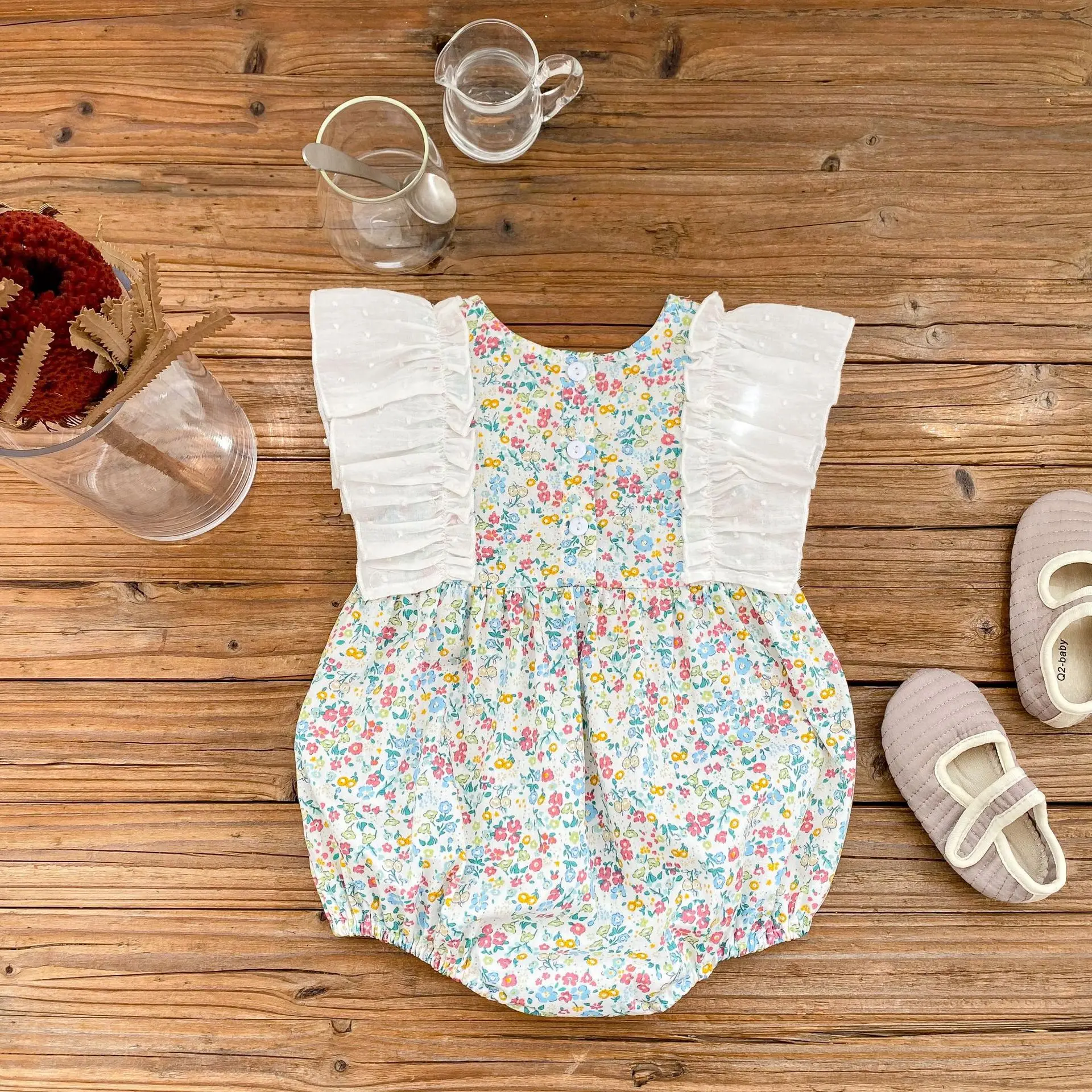 

Kid Girl Sweet Flying Sleeves Bodysuit Toddler Retro Floral Jumpsuit Thin Comfortable Fashion Cotton Loose Princess Outfits