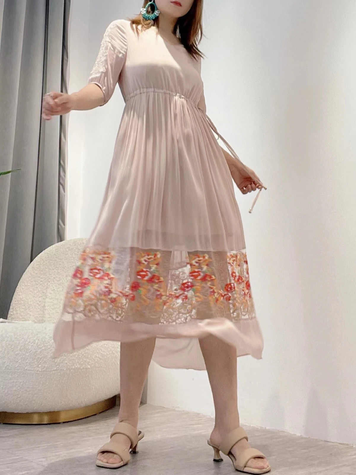 

Elegant Cream Pink Draw String Embroidery Draped Silk