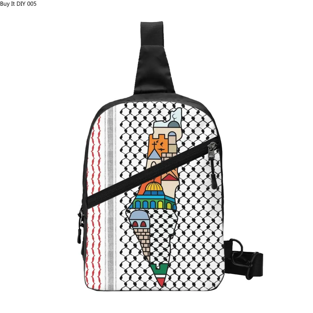 

Palestine Palestinian Map With Kufiya Hatta Pattern Sling Bags Sacred Jerusalem Chest Crossbody Backpack Shoulder Daypack