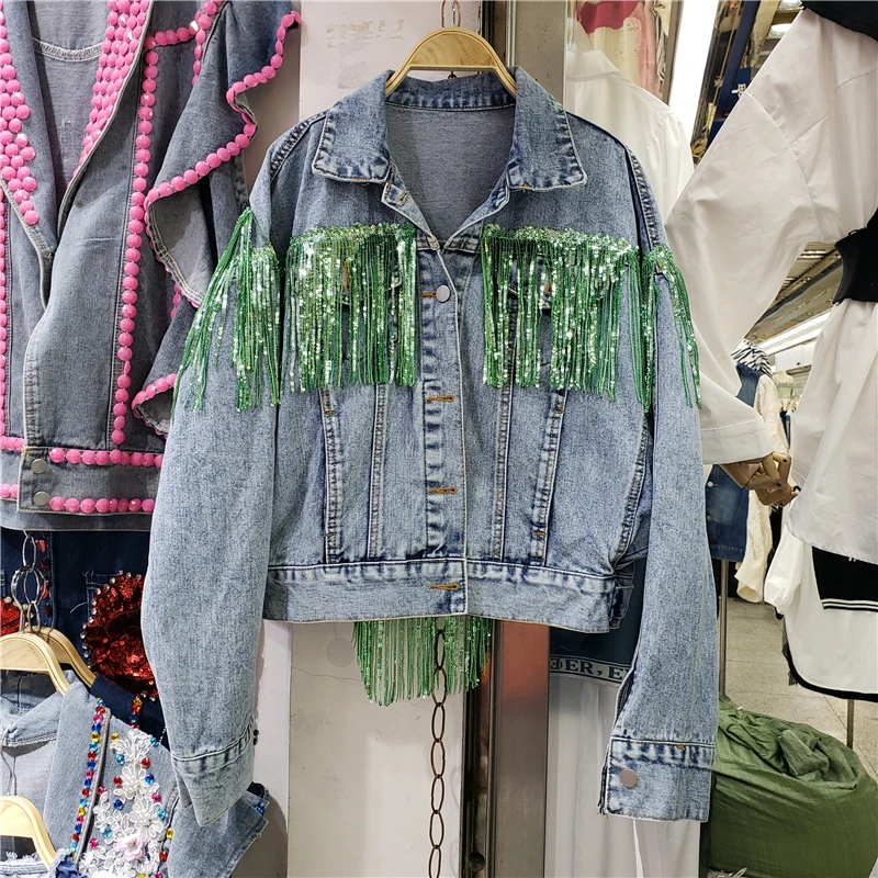 

Heavy Work Sequin Tassel Patchwork Female Short Jeans Jacket Autumn Women Washed Black Coat Streetwear Fashion Chaqueta Mujer
