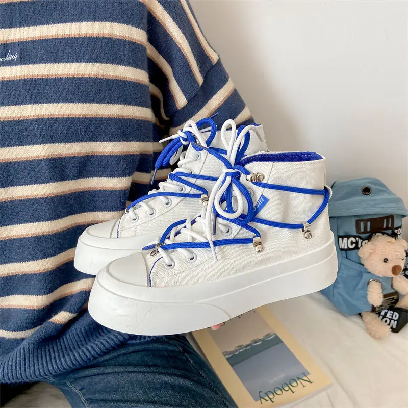HOUZHOU High Platform Flat Canvas Blue Women's 2022 Spring New Casual White Vulcanize Shoes Sneakers Running Harajuku Rubber
