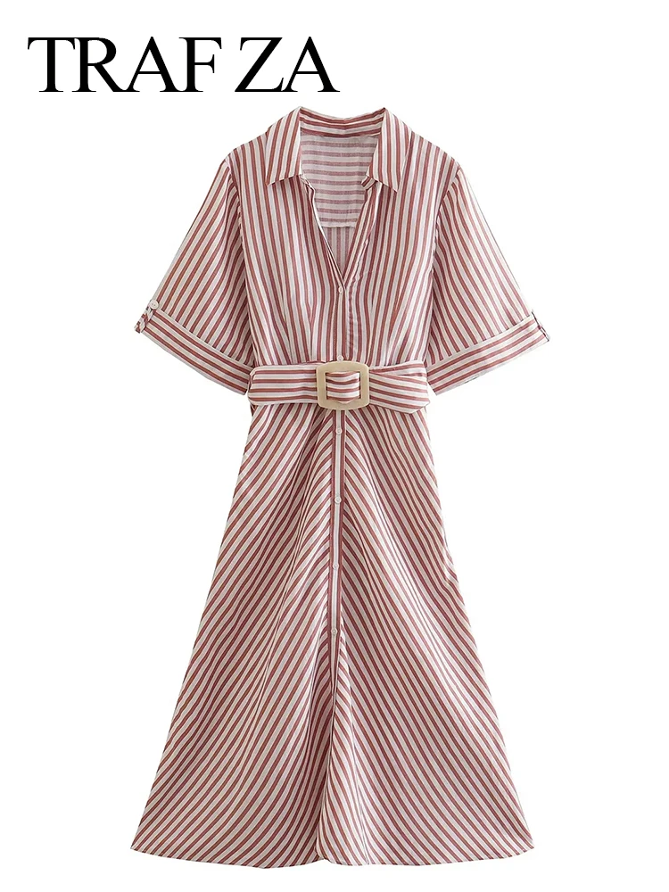 TRAF ZA Fashion Pink And White Striped Shirt Dress Single Breasted Short Sleeve Belt Chic Slim Commuter Daily Long Dress Lady