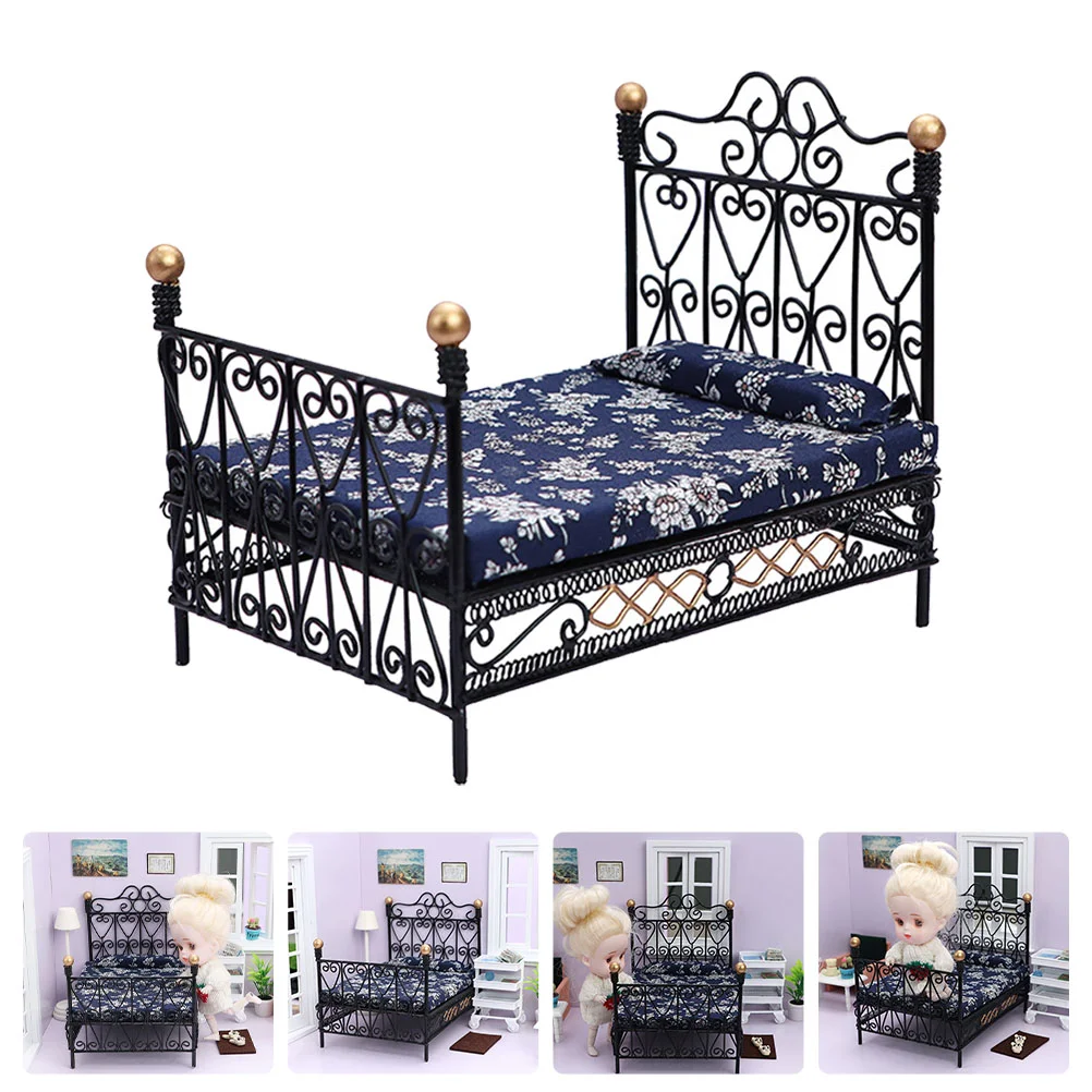 

Mini Furniture Model Mini Bed Adornment Miniature Double Bed for Toy House