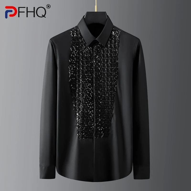 

PFHQ Autumn Men's Darkwear High Quality Bead Embroidery Slim Shirts Fashion Leisure Fit Long Sleeve Niche Design Tops 21Z1117