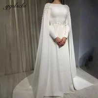 2022 muslim white satin wedding dresses cape long sleeves a line simple bridal gown elegant sweep train vestido de novia