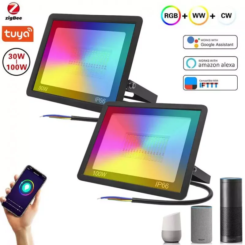 

Zigbee RGB Smart Floodlight Outdoor Wall Light Supports /Alexa/ Home AC220V 30W 50W 100w IP66 Waterproof Garden Light