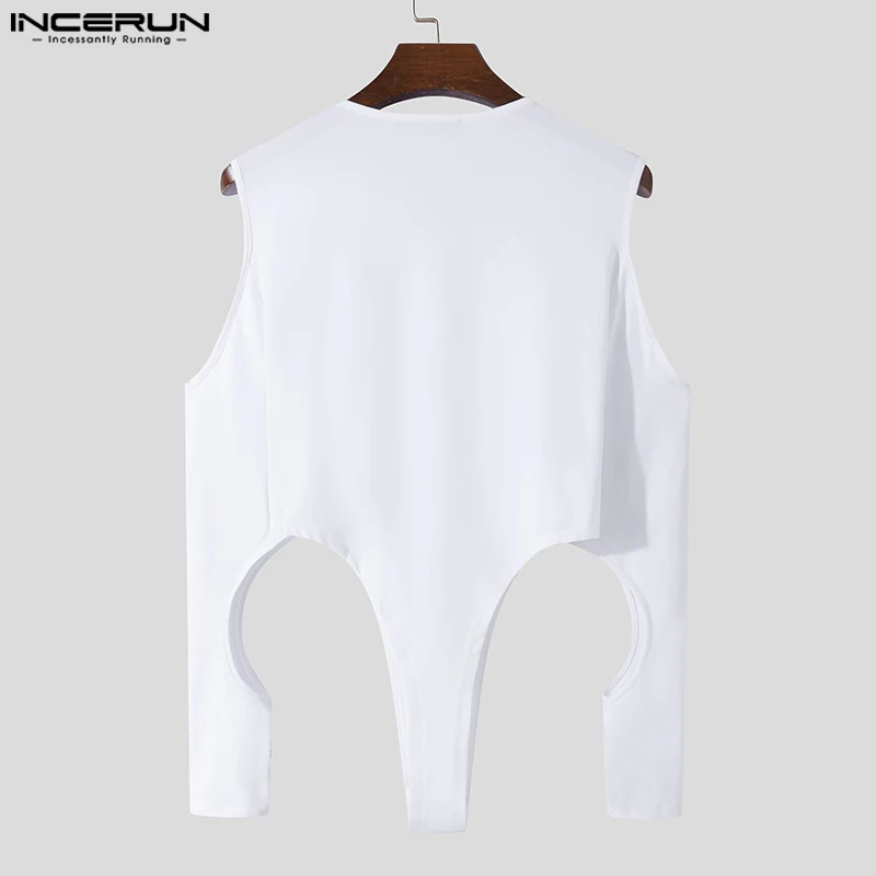 INCERUN Men Bodysuits Hollow Out Solid Color V Neck Long Sleeve Sexy Men Rompers Pajamas 2023 Fitness Fashion Bodysuits S-5XL