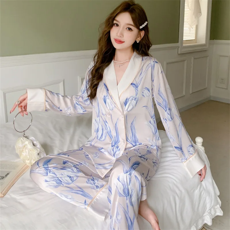 [Milk White Tulip] 2023 New Pajamas Women's Ice Silk Printed Fashion Long Sleeve Cardigan Home Fur