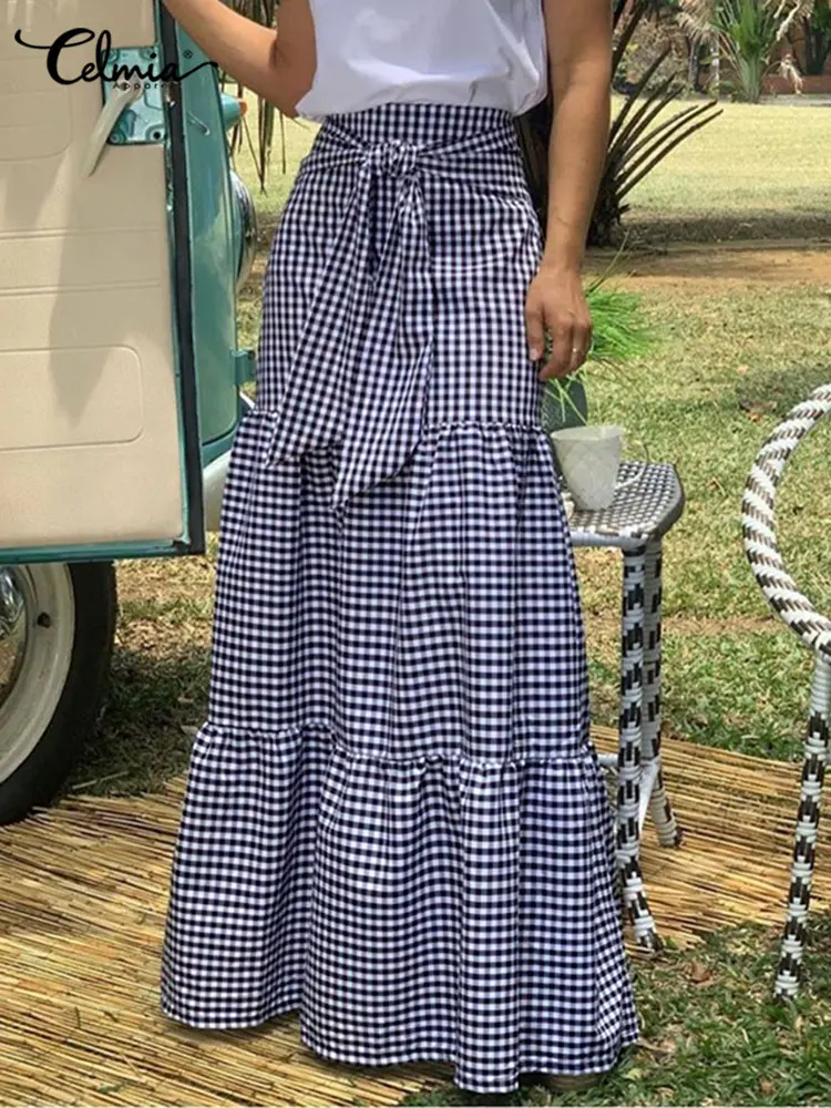 

Celmia Casual Plaid Long Skirts Women Strapy High Waist Pleated Tiered Maxi Skirt Spring Resort Style Checked A-line Jupes Femme