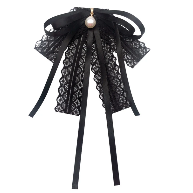 

Women Girls Black Lace Ribbon Bow Tie Faux Pearl Pendant Brooch Pin Necklace Uniform Shirt Blouse Pre-Tied Jabot Collar