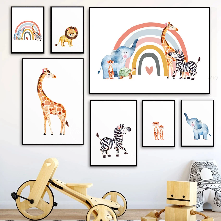 

Baby Nursery Wall Poster Print Rainbow Animal Canvas Painting Nordic Wall Art Children Bedroom Wall Picture Kids Room Decor Art