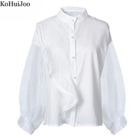 kohuijoo women%e2%80%99s tops 2022 long sleeve loose stand collar asymmetry design ruffled lantern sleeve mesh patchwork blouse female