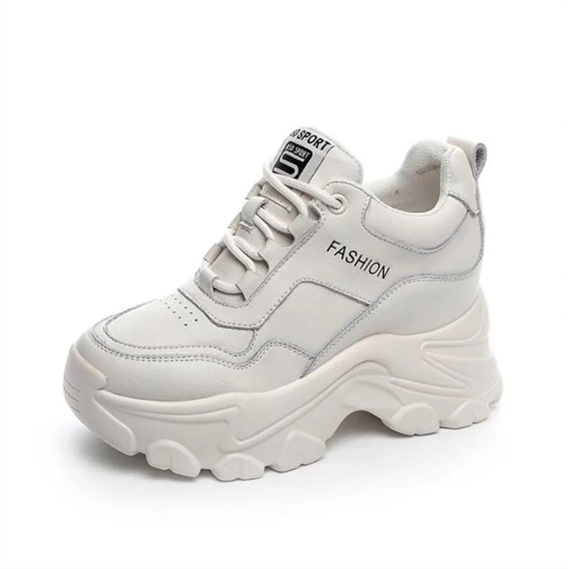 

White Genuine Leather Chunky Sneakers Women Autumn Winter Platform Vulcanize Shoes Woman Thick Bottom Hidden Heels Sport Shoes