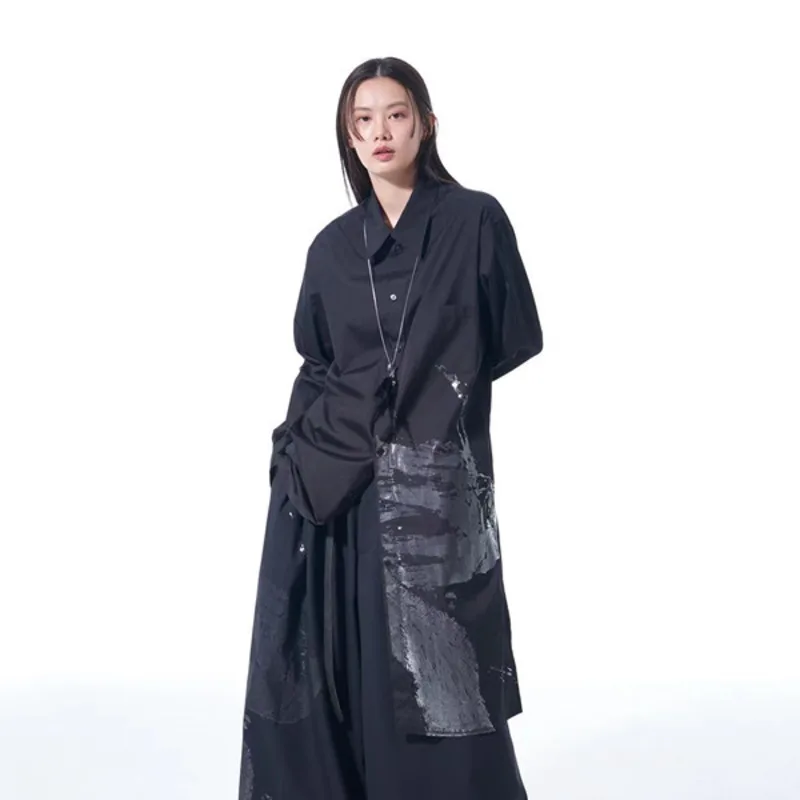 Shi Męska koszula niszowy średniej długości odblaskowy nadruk luźna wiatrówka z długim rękawem fala ciemny szykowny trencz nowy płaszcz